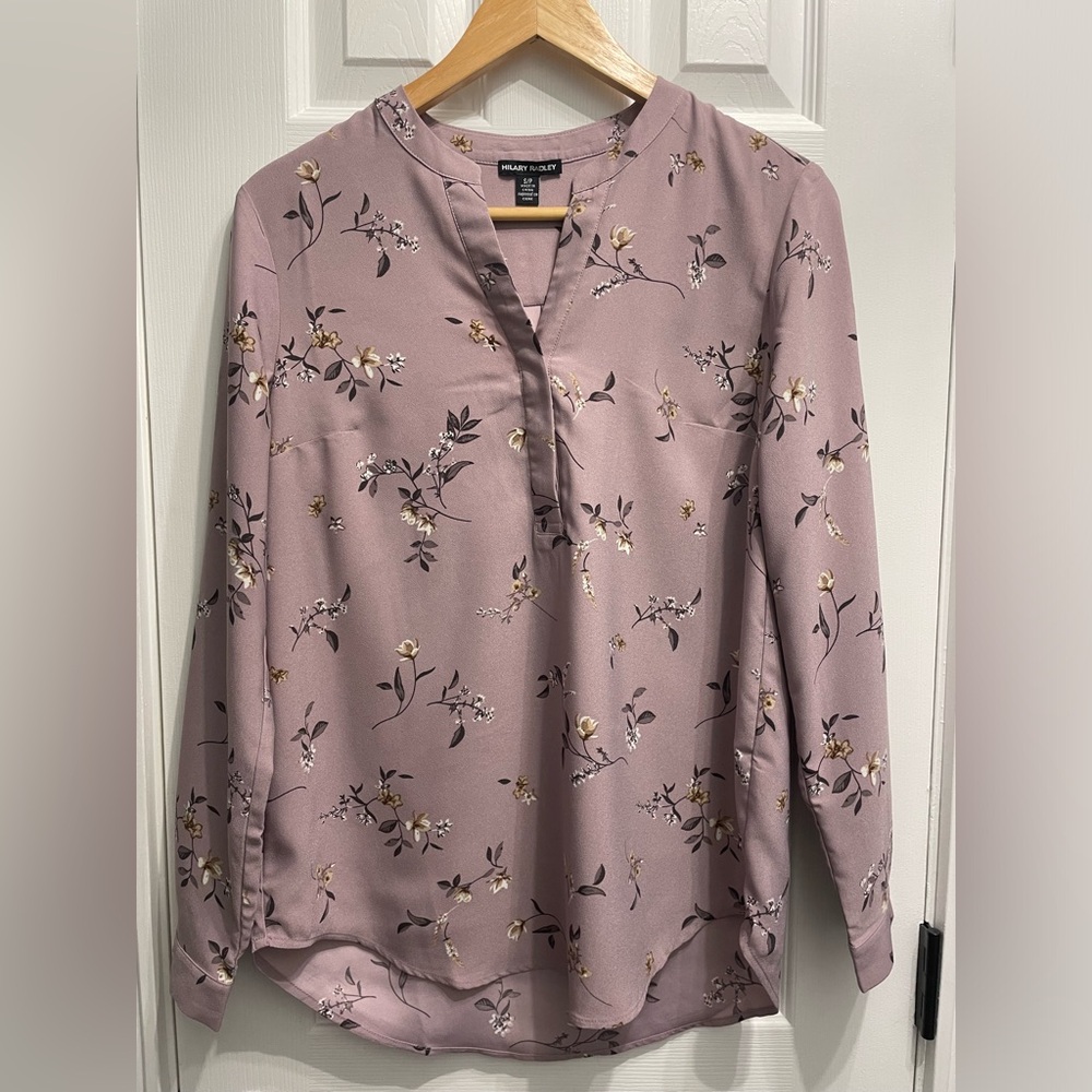 Hilary Radley Mauve Pink Floral Long Sleeve V-Neck Button Up Blouse Top Small